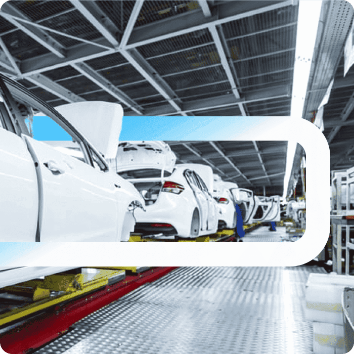 White car bodies on an automotive assembly line inside a factory, overlaid with a large Piab logo graphic.