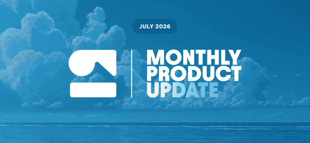 Bold white text reads "Monthly Product Update" over an ocean with large clouds and a logo.