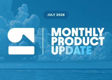 Bold white text reads "Monthly Product Update" over an ocean with large clouds and a logo.