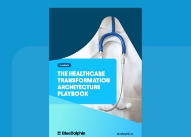 A blue stethoscope hangs on a white coat behind a bold title reading "Healthcare Transformation