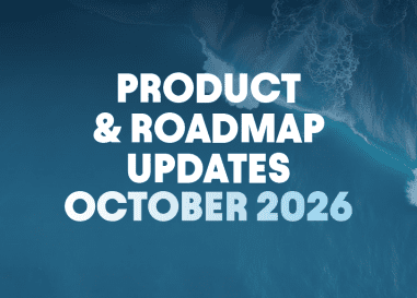 Bold white text reads "Product & Roadmap Updates October 2026" over an aerial ocean view.