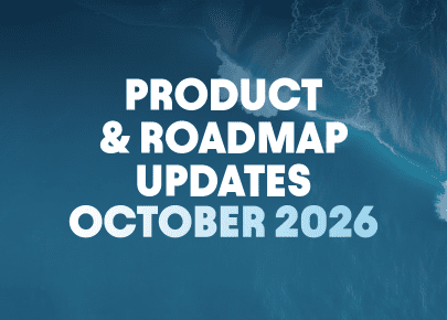 Bold white text reads "Product & Roadmap Updates October 2026" over an aerial ocean view.