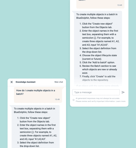 A chat window displays step-by-step instructions for creating multiple objects in a batch.
