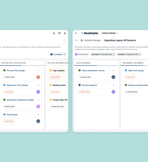 Two project management dashboards display tasks, deadlines, and progress for HR system upgrades.