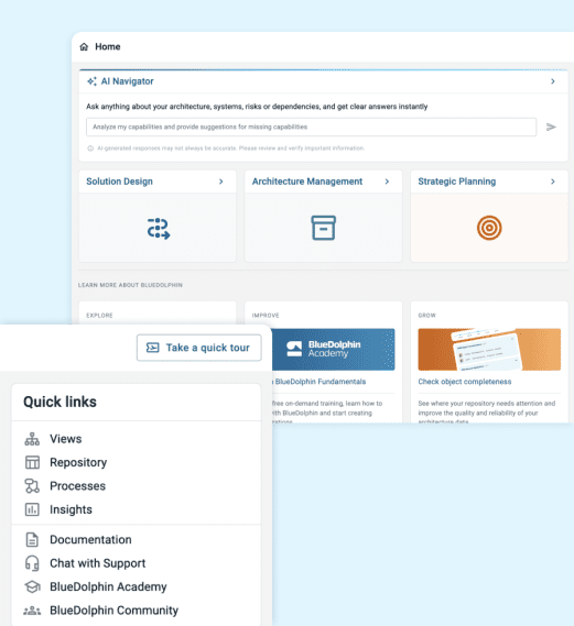 Dashboard interface with AI Navigator, main navigation tiles, and a quick links sidebar menu.