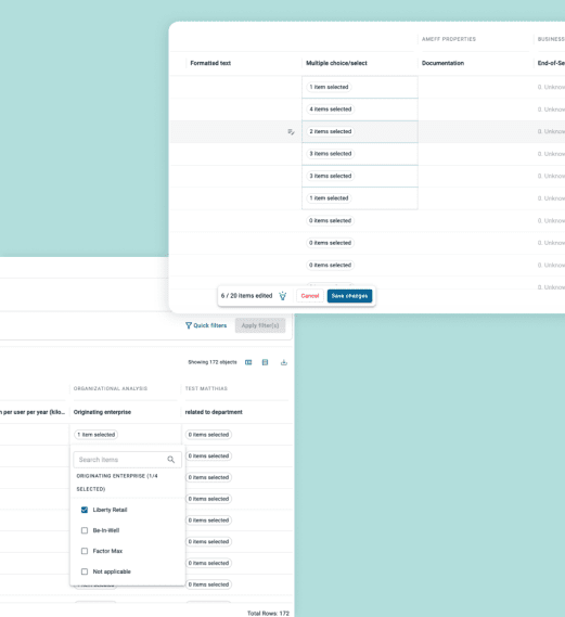A data table interface displays multi-select dropdown fields with options and a save changes button.