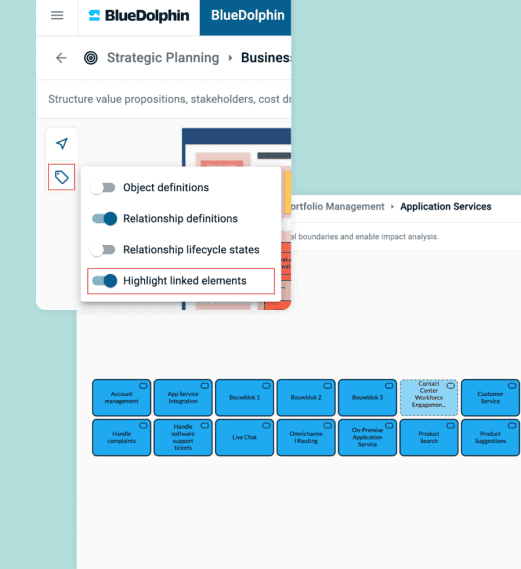 A dropdown menu highlights "Highlight linked elements" above a grid of blue labeled boxes.
