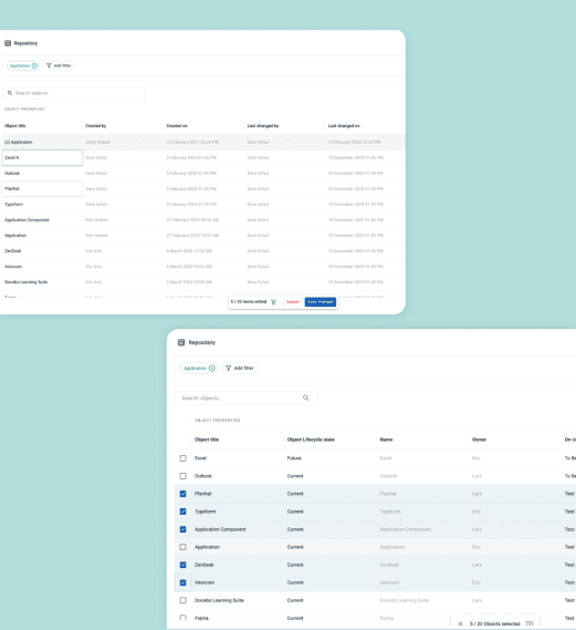 Repository tables display lists of software objects with filters, selection boxes, and edit options.